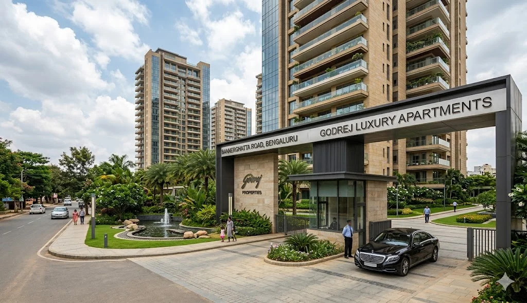 Architectural view of the new Godrej luxury apartment towers on Bannerghatta Road featuring premium facade design and green landscapes.